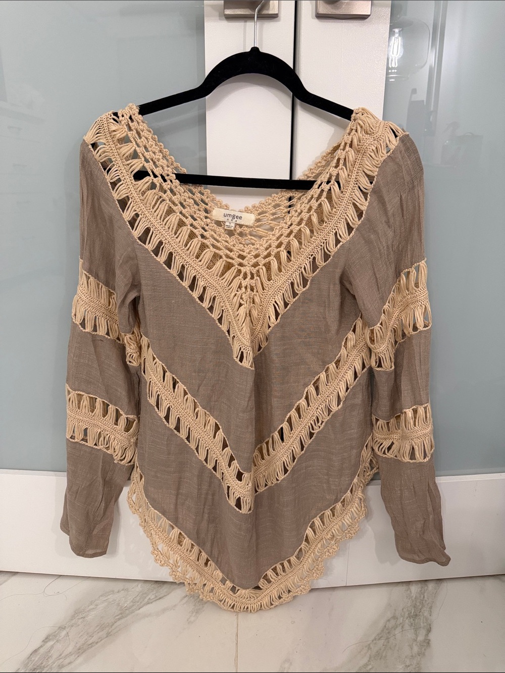 Umgee Taupe Top with Cream Crochet V-Neck Trim